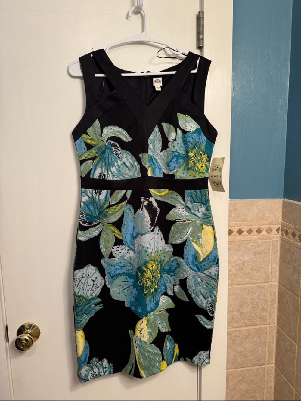 Black Floral Sangria Sheath Dress with Blue & Green Blooms NWT